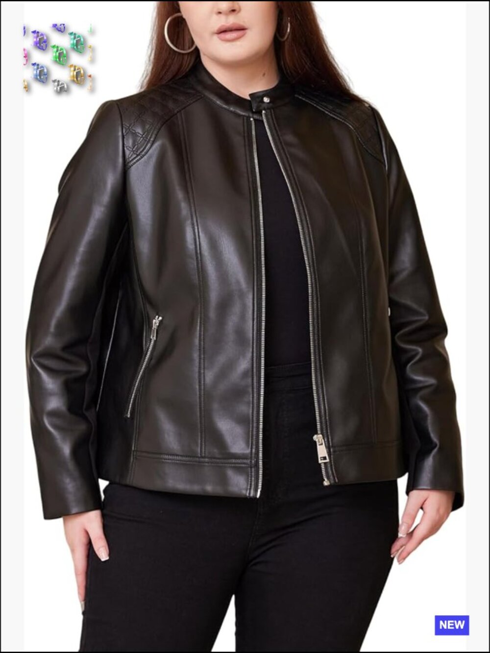 Plus Size Faux Leather Jacket Motorcycle Biker Coat with Quilted Shoulders